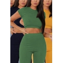 Womens Stylish Set Solid Color Ribbed Short Sleeve Crew Neck Fit Crop Tee & Fitted Pants Co-ords
