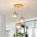 Prismatic Crystal Cylinder Cluster Pendant Postmodern 3 Bulbs Black/Gold Hanging Light with Round/Linear Canopy