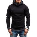 Casual Mens Hoodie Solid Color Asymmetrical Zip Collar Side Pocket Ribbed Trim Long Sleeves Hooded Sweatshirt