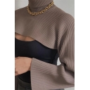Fancy Women's Sweater Solid Color Ribbed Knit Long Sleeves High Neck Relaxed Fit Pullover Sweater