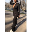 Black Trendy Long Sleeve Deep V-neck Long Length Straight Jumpsuit for Women