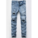 Fancy Men's Jeans Distressed Hole Button Fly Light Wash Button Fly Regular Fitted Mid Waist Long Jeans