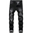 Fancy Men's Jeans Distressed Frayed Detail Zip Fly Side Pockets Mid Waist Skinny Long Pants with Washing Effect