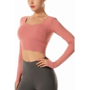 Quick Dry Womens Tee Top Solid Color Square Neck Long-sleeved Slim Fitted Cropped Workout T-Shirt