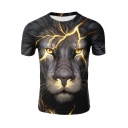 Fancy Mens Tee Top Lion lightning Lively 3D Print Crew Neck Short-sleeved Regular Fitted T-Shirt