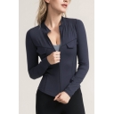 Trendy Women's Training Jacket Solid Color Flap Pocket Zip Placket Long Sleeves Stand Collar Fitted Workout Jacket