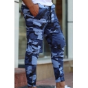 Unique Men's Pants Camo Print Flap Pocket Drawstring Waist Zipper Split Banded Cuffs Regular Fitted Casual Pants