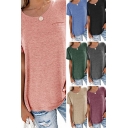 Cozy Solid Color T-shirt Roll-up Short Sleeve Round Neck Loose Fit Tee Top for Girls