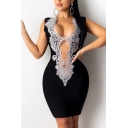 Amazing Womens Dress Sleeveless Deep V-neck Lace Patched Short Bodycon Dress