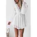 Designer Girls Chiffon Dress Plain Bell Sleeve Deep V-neck Lace Up Mini Pleated A-line Dress