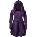 Vintage Womens Dress Solid Color Long Sleeve Hooded Lace Up Front Short A-line Dress