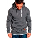 Casual Mens Hoodie Solid Color Label Patchwork Front Pocket Ribbed Trim Long Sleeves Regular Fitted Drawstring Hooded Sweatshirt