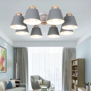 Tapered Iron Semi Flush Chandelier Macaron 6-Light Grey/Pink/Green and Wood Close to Ceiling Light