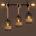 Lodge Bird Cage Island Lighting 3 Heads Hemp Rope Hanging Pendant Lamp with Linear Arm in Black