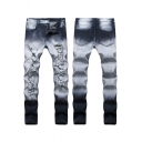 Fancy Men's Jeans Ombre Pattern Distressed Design Mid Waist Long Skinny Jeans with Washing Effect