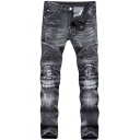 Fashionable Jeans Panelled Pleated Detail Faded Wash Zipper Fly Mid Waist Long Skinny Jeans for Men