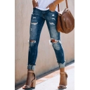 Classic Dark Blue Mid Rise Ripped Bleach Rolled Cuffs Skinny Jeans for Women