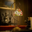 Stained Glass Red Night Lamp Rose Patterned Dome Single Tiffany Table Light with Swirl Arm
