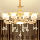 6/8/15 Lights Up Chandelier Contemporary Ruffle Frost Glass Ceiling Hang Lamp in Gold with Clear Crystal Drop