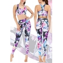 Fancy Women's Co-ords Floral Leaf Pattern Round Neck Sleeveless Fitted Crop Top with High Rise Skinny Ankle Length Pants Active Set