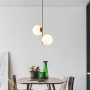 Ball Dining Table Suspension Light Opal Glass 2-Bulb Minimalist Chandelier Pendant in Gold
