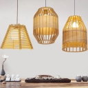 Asia 1 Head Pendant Light Kit Wood Trapezoid/Oval/Bell Shaped Suspension Lamp with Bamboo Shade
