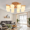 Small/Medium/Large Cylinder Flush Chandelier Nordic Frosted Curved Glass 3/5/8-Bulb Wood Semi Flush Mount Ceiling Light