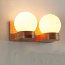Ball Frosted White Glass Wall Light Nordic 1/2-Head Wood Sconce Lighting for Living Room