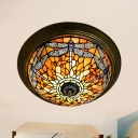 Dragonfly Pattern Flush Mount Ceiling Light with Tiffany Colorful Glass Shade, 2 Sizes