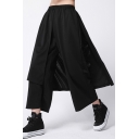 Stylish Womens Pants Elastic Waist Patched Cropped Straight Pants in Black