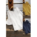 Trendy Women's Blouse Plain Cotton and Linen Round Neck Short Flare Cuffs Sleeves Regular Fitted Pullover Shirt