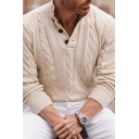 Leisure Men's Sweater Solid Color Cable Knit Contrast Trim Button Front Stand Collar Long Sleeves Regular Fitted Knitted Sweater
