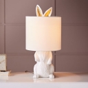 White Bunny Table Light Decorative 1-Head Resin Night Lamp with Cylinder Fabric Shade