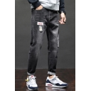 Men's New Fashion Contrast Patched Loose Fit Tapered Ripped Jeans in Black