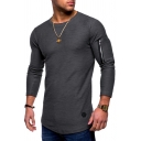 Trendy Men's Tee Top Contrast Stitching Zip Pocket Label Round Neck Long Sleeves Slim Fitted T-Shirt