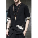 Retro Men's Tee Top Crane Embroidered Horn Button Contrast Panel Round Neck Short Sleeves Regular Fitted T-Shirt