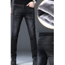 Cool Mens Jeans Sherpa Lined Bleach Mid Waist Ankle Fitted Plain Jeans