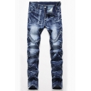 Men's Hot Fashion Snow Washed Zipper Embellished Blue Stretched Slim Fit Denim Jeans