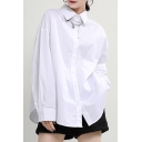 Basic Women's Shirt Solid Color Button Closure Point Collar Long Sleeves Relaxed Fit Shirt