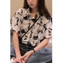 Elegant Women's Shirt Blouse All over Cat Pattern Button-down Spread Collar Short Sleeves Regular Fitted Shirt Blouse