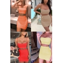 Fashionable Womens Set Plain Spaghetti Strap Scoop Neck Ruched Detail Sleeveless Slim Fitted with High Waist Skirt