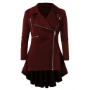 Chic Female Long Sleeve Notch Collar Zipper Embellished Plain Fitted Pleated Skirt Coat