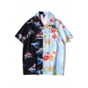 Elegant Men's Shirt Contrast Panel Cartoon Flower Pattern Button Fly Spread Collar Short Sleeves Relaxed Fit Shirt