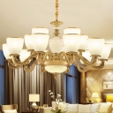White Glass Bell Up Pendant Lighting Contemporary 6/8/15-Head Brass Chandelier for Living Room