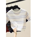 Fancy Women's Tee Top Stripe Pattern Ribbed Trim Round Neck Short-sleeved Slim Fitted T-Shirt