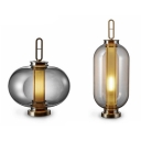 Ellipse/Oblong Lantern Night Light Designer Amber/Smoke Grey Glass Single Bedside Table Lamp in Gold