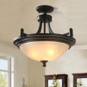 Small/Large 3-Head Semi Mount Lighting Vintage Dining Room Ceiling Flush Light with Bowl Frost Glass Shade in Black