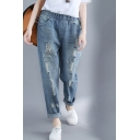 Trendy Women's Jeans Distressed Broken Hole Drawstring Waist Ankle Length Tapered Jeans with Washing Effect
