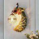 Peacock Bedside Wall Light Country Resin 1 Head Beige/Green/Gold Wall Lamp Fixture with Half-Globe Crystal Shade