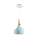 Bowl Metallic Suspension Pendant Light Macaron 1-Head Blue Hanging Lamp with Wood Grip